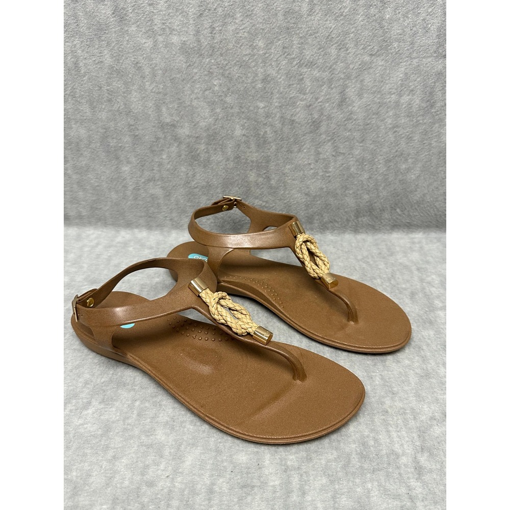 Oka-B Thong Sandals Brown Braided Rope Sz 9 Adjustable Ankle Strap Gold Hardware